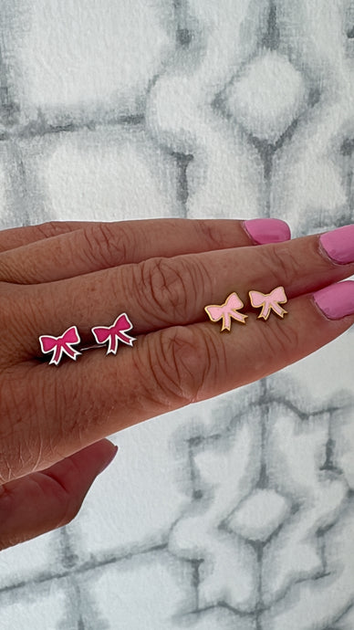Pink Enamel Bow Earrings