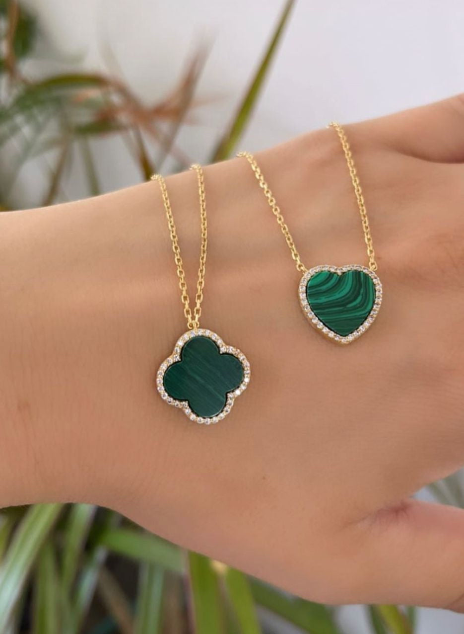 Malachite Clover or Heart Necklace