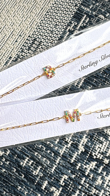 CZ Initial Bracelet on Paperclip Chain