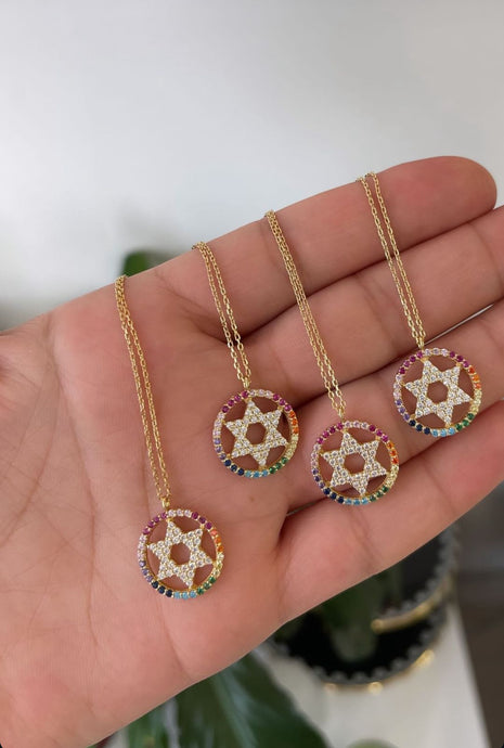 Rainbow Star of David CZ Stone Necklace