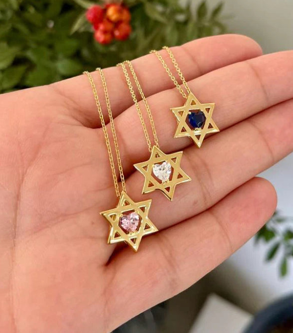 Colored Heart Stone Star of David Necklace