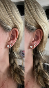 White Enamel Heart and CZ Double Chain Earrings