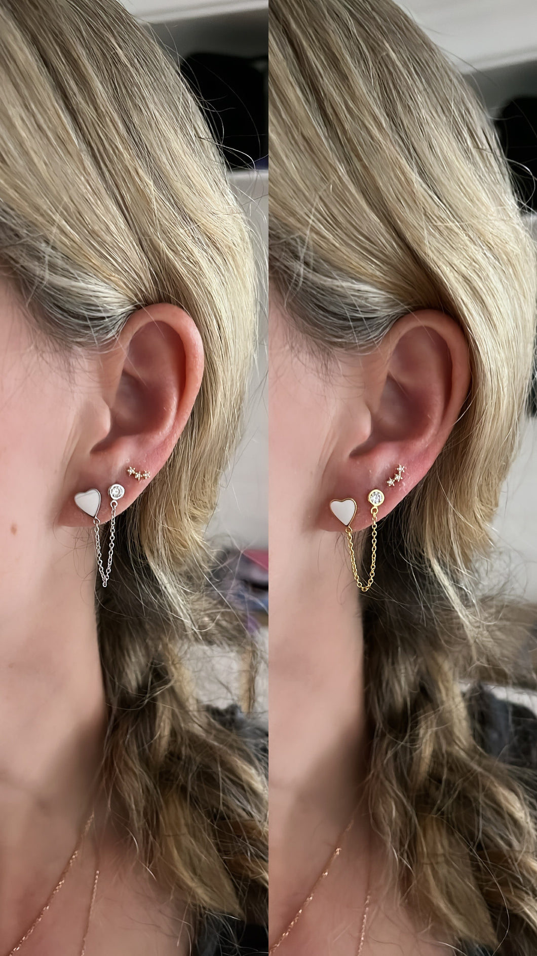 White Enamel Heart and CZ Double Chain Earrings