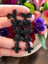 Load image into Gallery viewer, Black CZ Long Flower Statement Earrings